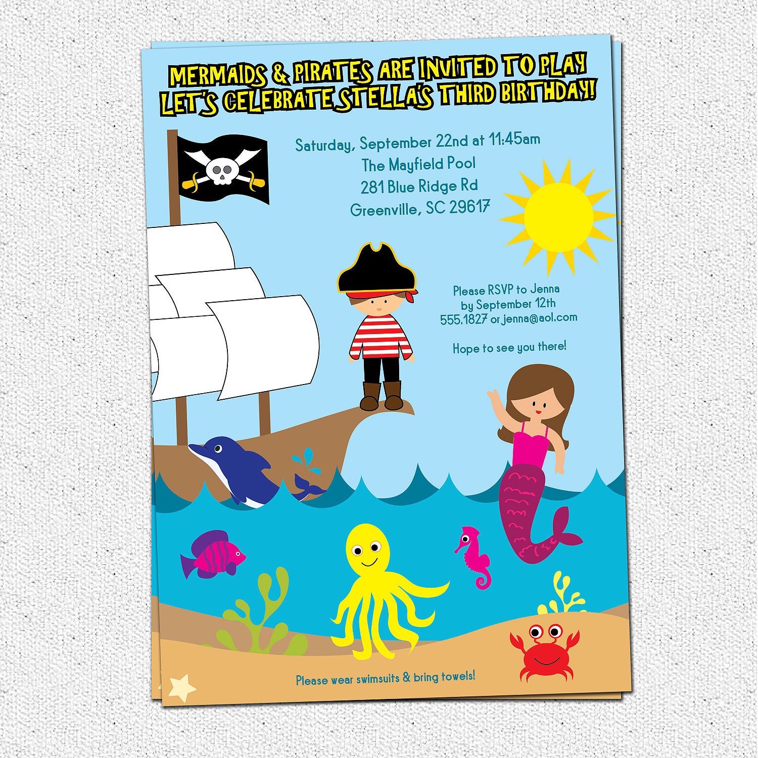 Pirate and Mermaid Birthday Party Invitation, Under the Sea, Dolphin, Ship,  Printable, Boy or Girl, DIY Digital File