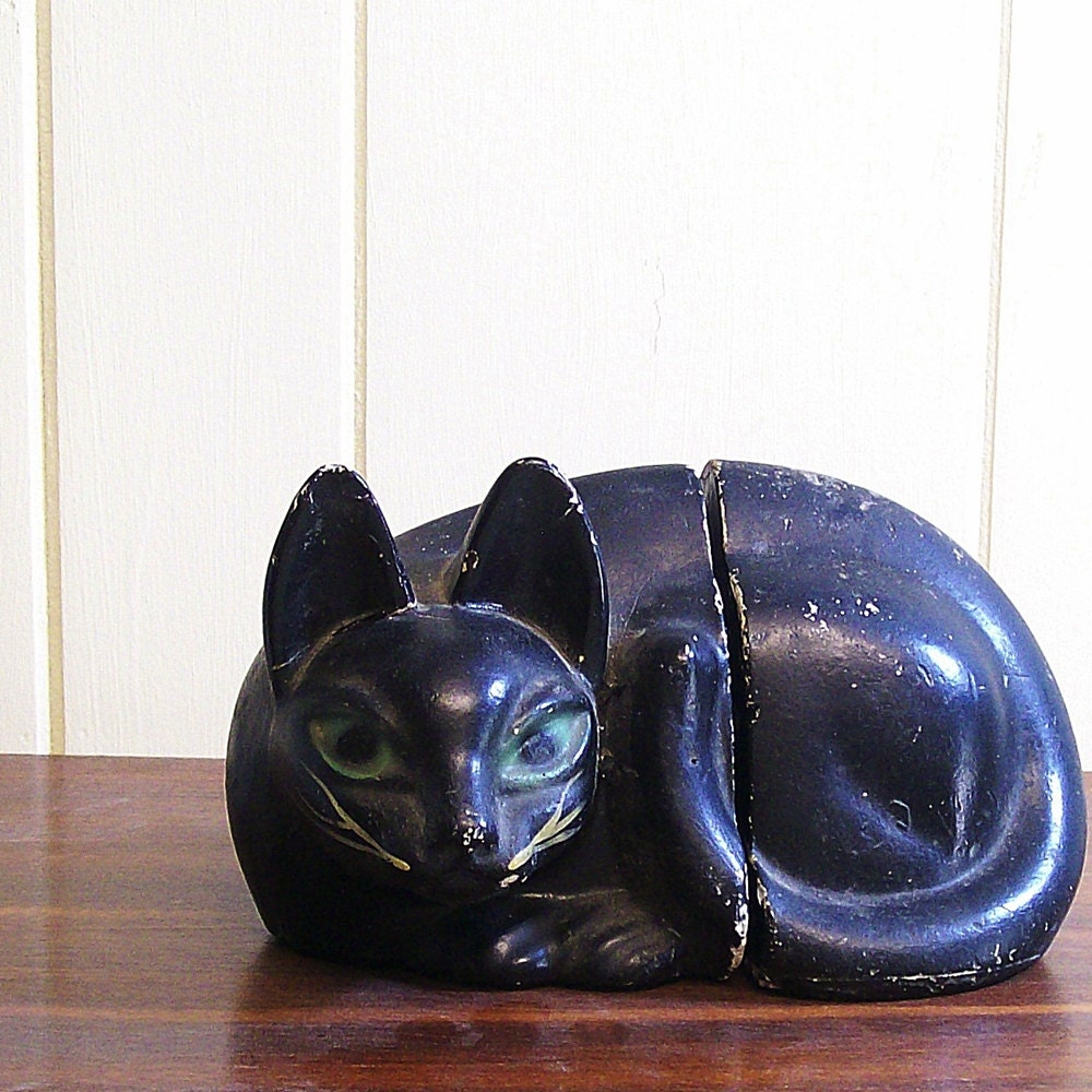 Vintage Black Cat Bookends Plaster Chippy
