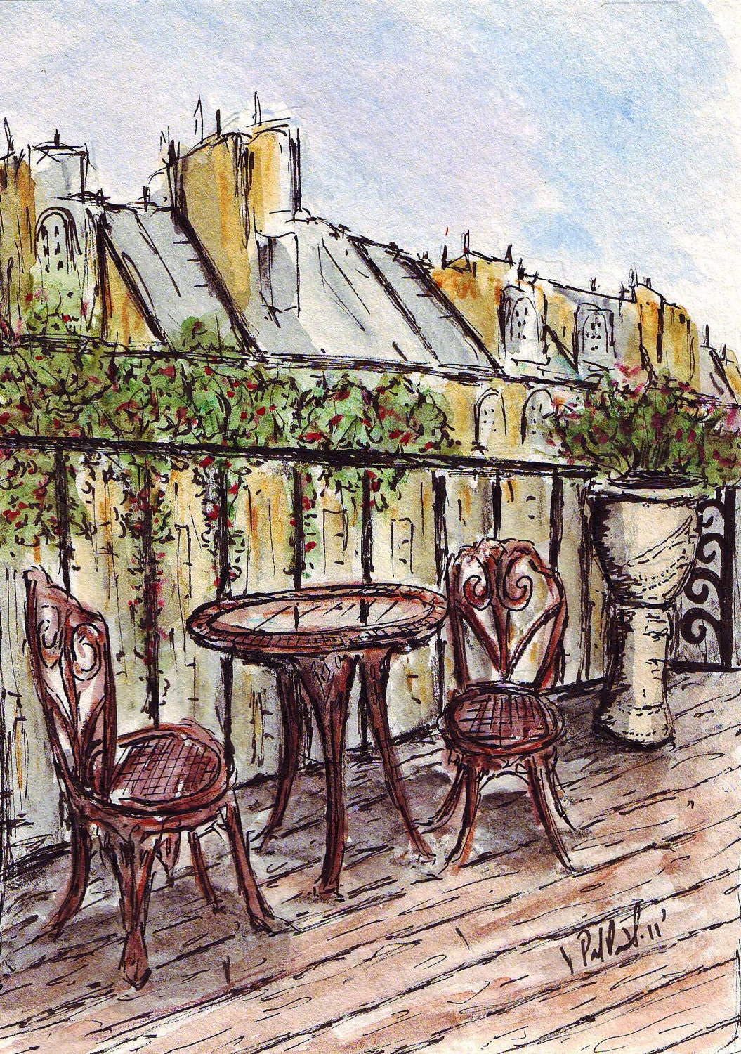 Paris Balcony Original (5x7) Pen, Ink & Watercolor Drawing by Vista Artworks