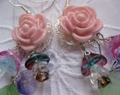 Pink Rose Earrings with Small Petal Dangles- SPRINGTIME