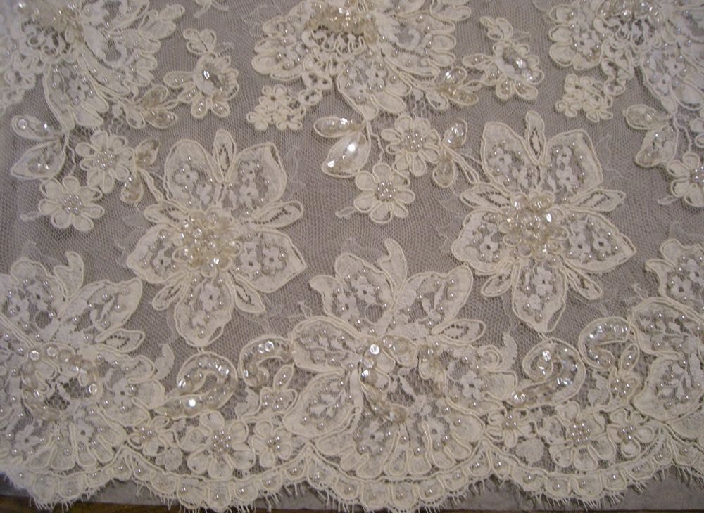 Ivory Floral Pattern French Alencon Lace Fabric with Pearls and