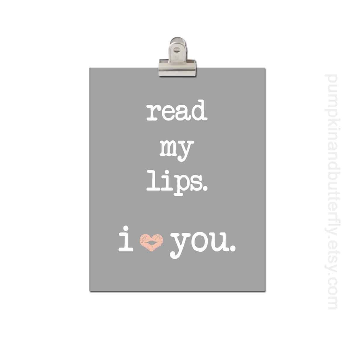Love Print, Typography Art, Word Wall Art, 11x14 Print, Grey, Gray, Coral, Custom Color, Personalize, Heart, Lips, Read My Lips. I Love You.