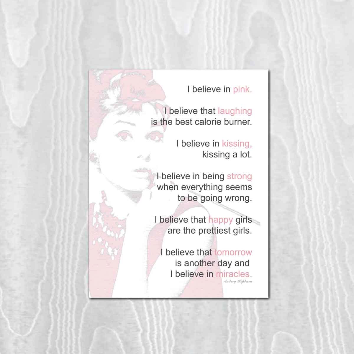Audrey Hepburn - Art Print Poster, 8x10 Print, Audrey Hepburn, Pink, Smoke Rose, Believe in Pink, Inspirational