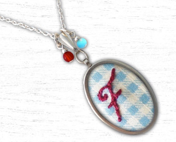 Hand Embroidered Necklace Custom Monogram Initial Letter Check Pattern Pendant