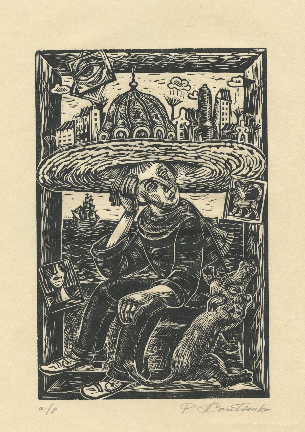 DREAMERS ORIGINAL LINOCUT / old city / dog / friends / dream / dreaming dog / sailboat / ocean / woodcut