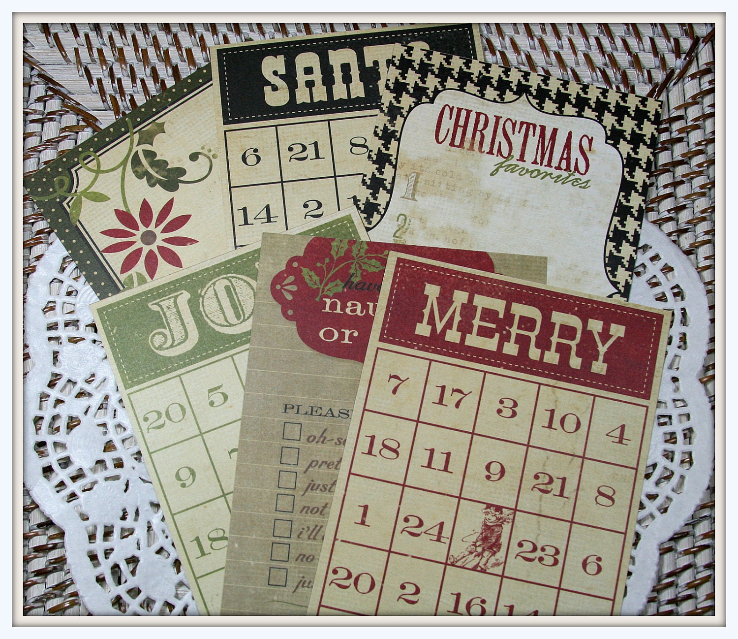 4x6 inch vintage inspired CHRISTMAS journal cards SIMPLE STORIES bingo card train set of 6 for card making, scrapbooking, paper crafts