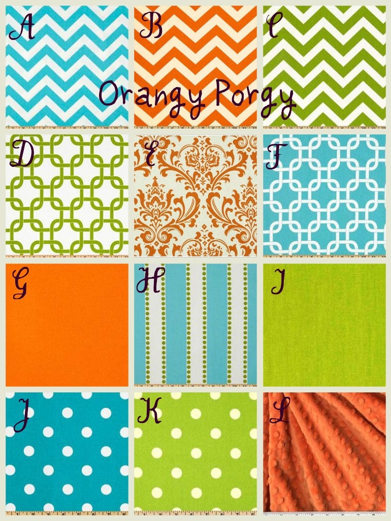 Custom Crib Bedding - 2 piece set in Orangy Porgy  Bumpers/Straight Box Skirt