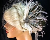 The Peacock Wedding - Feather Bridal Fascinator- (2 Items) Peacock,  Ostrich Feather Fascinator & Ivory 11" Birdcage Veil