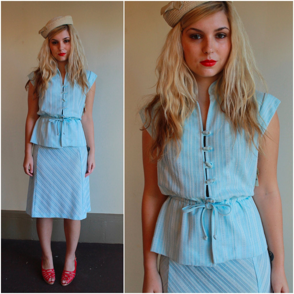Vintage 70s 2 Piece Dress  /  Deadstock High Waisted Skirt And Peplum Blouse  /  Baby Blue Striped Set  /  Small S