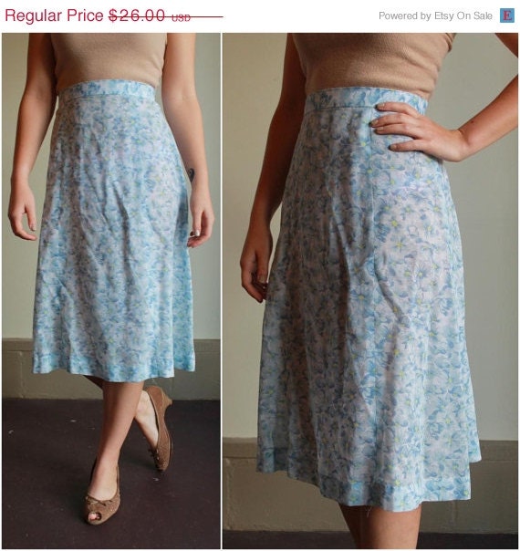 SUMMER SALE 30% OFF Vintage 60s Skirt  /  High Waisted 1960s Sheer Baby Blue And White Floral Print Aline Skirt  /  Small S Medium M
