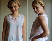 SUMMER SALE 30% OFF Vintage 70s Blouse  /  Sleeveless Key Hole Neck Bow Tie Tank Top With Ruffled Hem  /  Paint Splash Slouchy  /  1970s  /