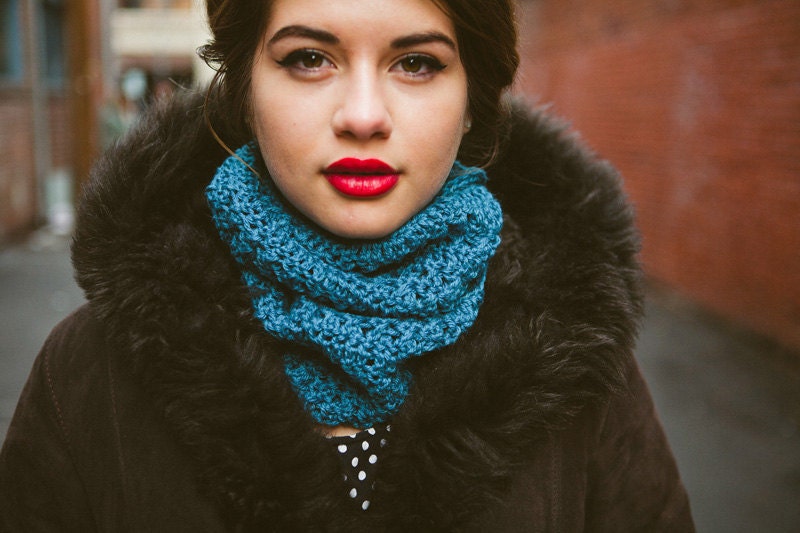 Crocheted Infinity Cowl in Turquoise/Aqua Blue