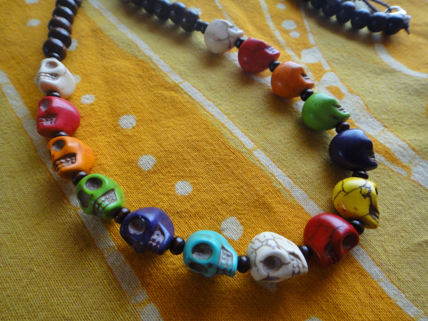 Rainbow Sugar Skull  Prayer Bead Necklace Gay Pride Mala Mens Long Statement Hemp LGBT