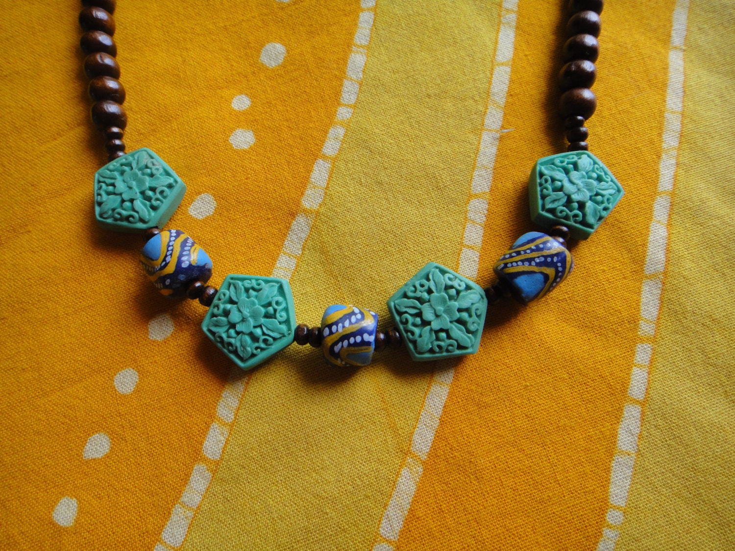 Carved Chrysanthemum Turquoise Cinnabar and African Trade Prayer Bead Necklace Recycled Glass Statement Jewelry