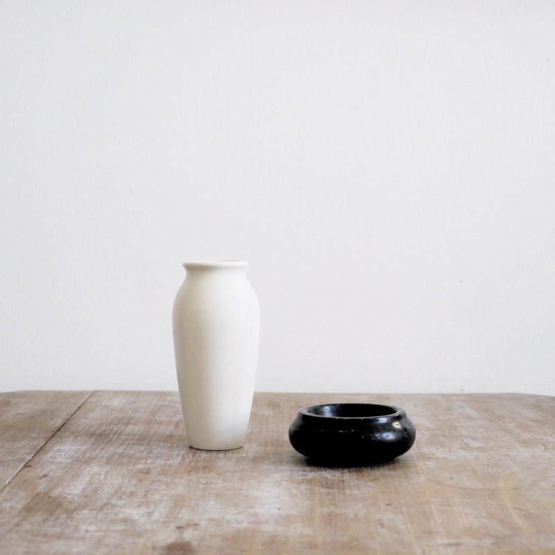 Vintage set of small white ceramic bud vase and black soapstone bowl instant collection