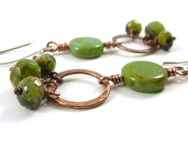 Lime Green Drop Earrings Copper Hammered Czech Glass Bead Dangles Wire Wrapped