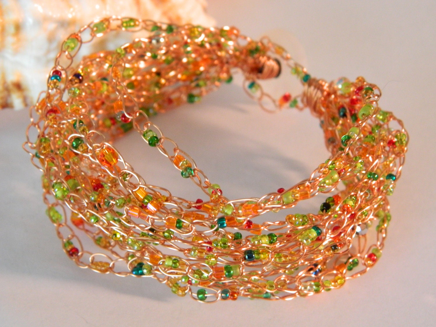Wire Crochet Cuff Cobweb Bracelet copper, seedbeads and crystals