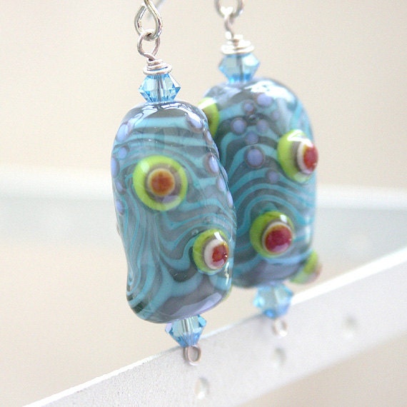 Glass Earrings in Grey, Turquoise, Lime and Magenta - Handmade Lampwork and Sterling Silver