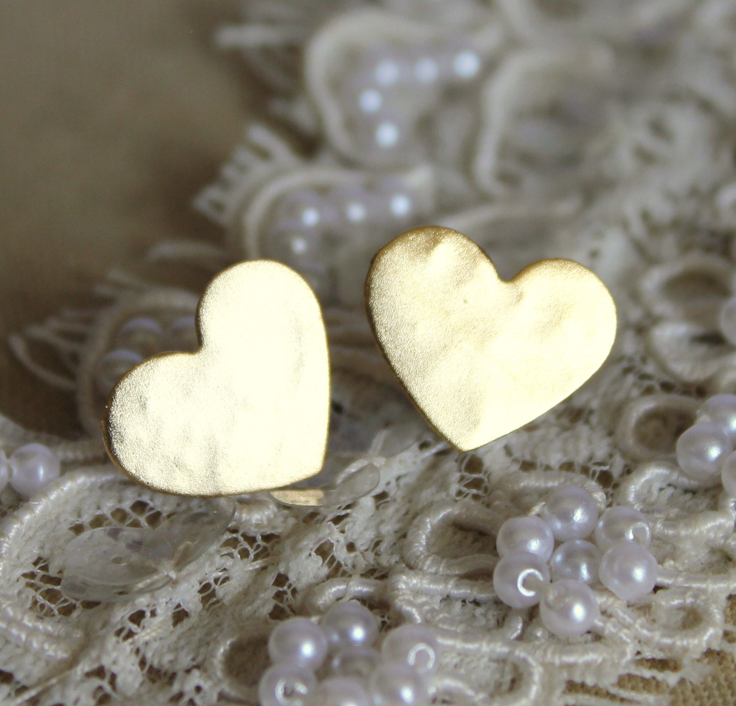Gold stud heart earrings plated real gold -petit elegant 14k gold matte coated post earrings