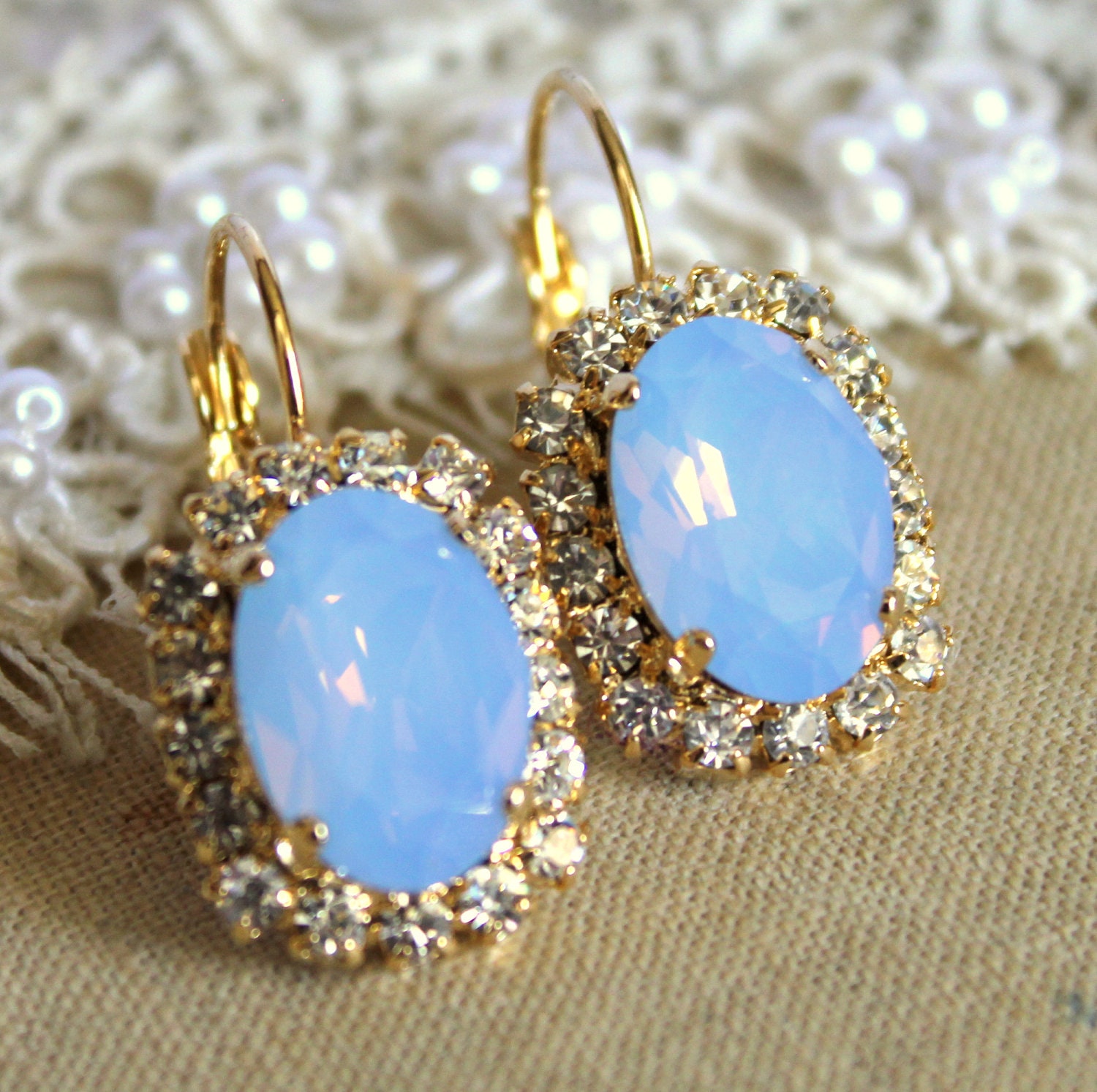 Crystal blue earring - 14k plated gold post earrings real swarovski rhinestones .