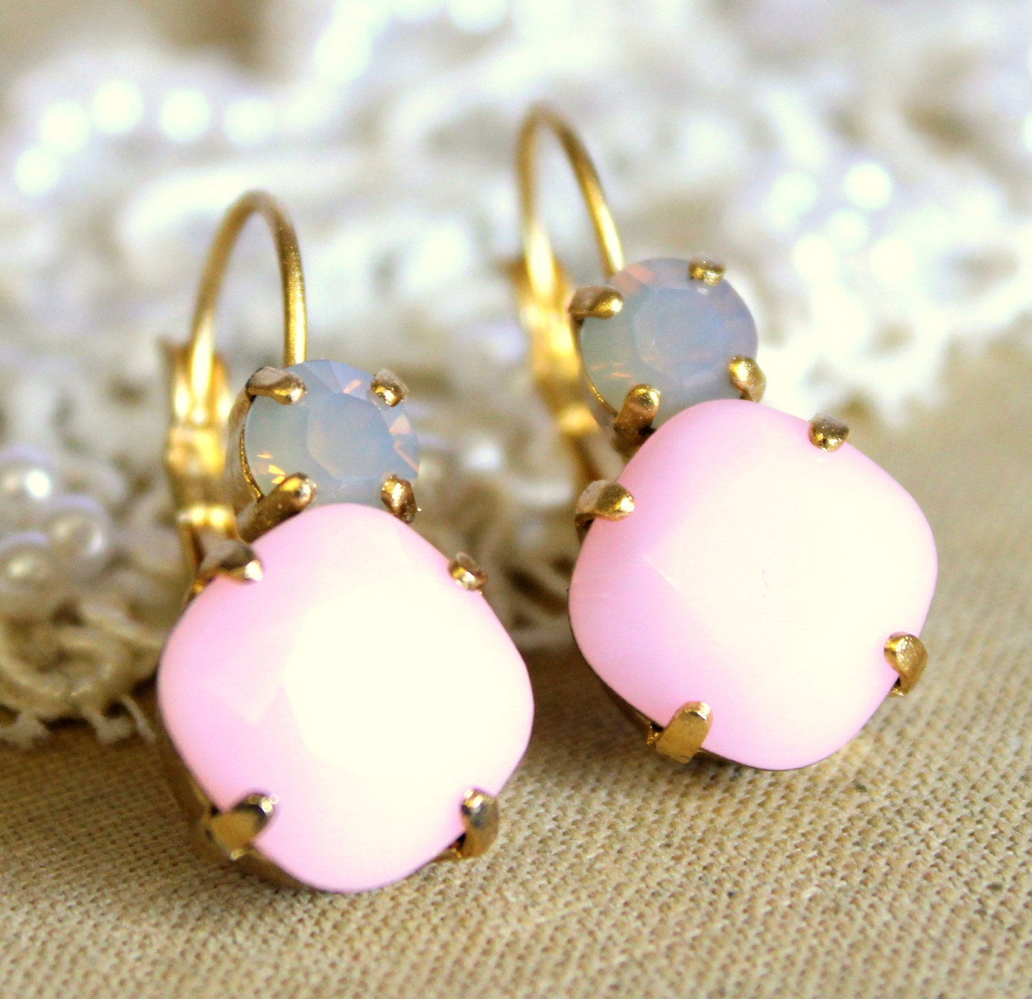 Pink blush and Gray earring - classic earrings 14k plated gold real swarovski rhinestones .