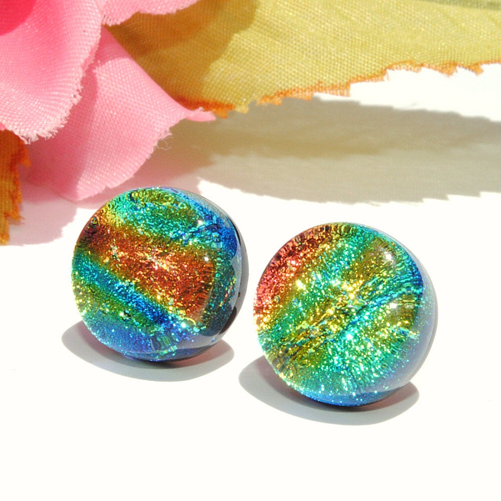 Dichroic Stud Earrings, Fused Glass Jewelry, Posts, Round, Circle, Mod Retro Hippie, Gold Green Orange Blue, 7/16" 12mm (Item 30416-E)