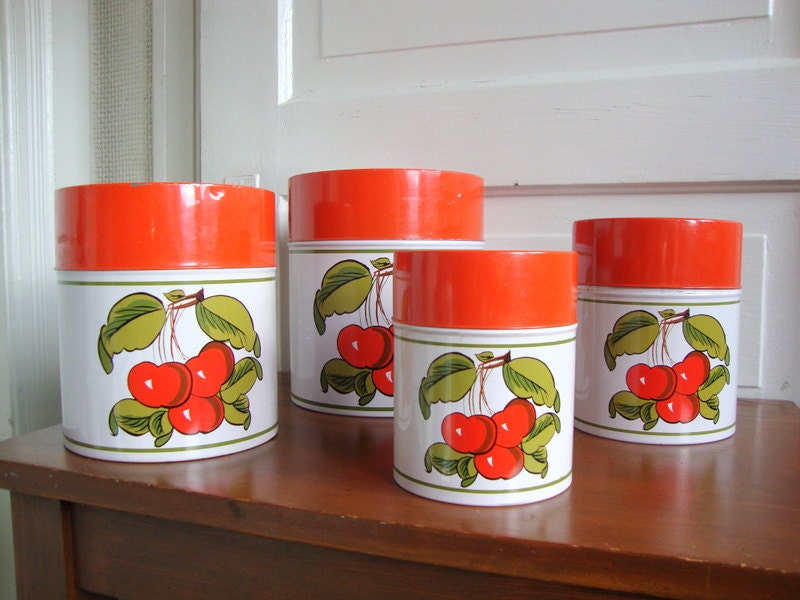 Cute Vintage 60s Cherry Canister Set of 4 Bright Flame Red Retro Kitchen Mid Century Home Decor