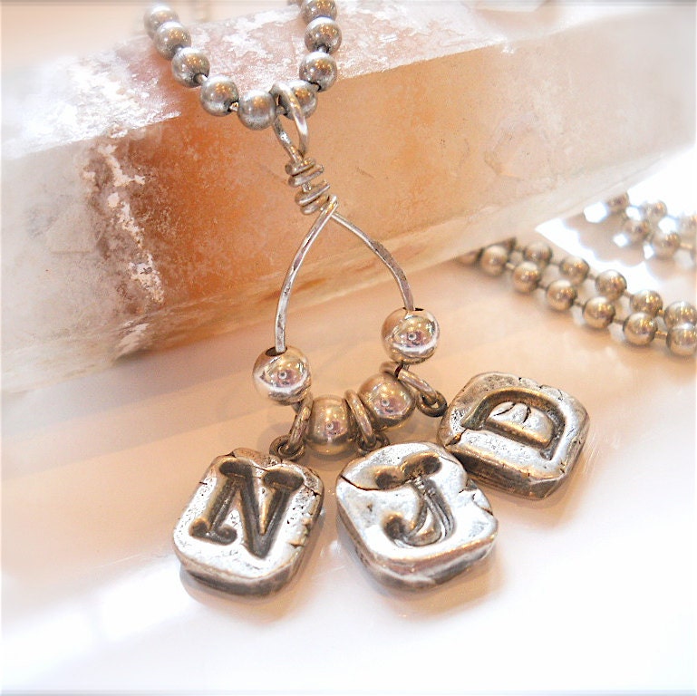Personalized Silver Initial Necklace, Eco friendly Charm Holder, Three Letters, Custom Pendant, Fashion Accessory New Mom Gift