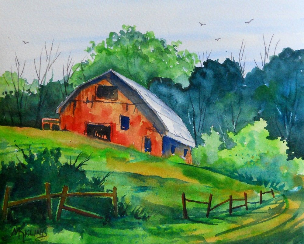 Watercolor of Red Barn, Pasture and Fence by Colorado Artist Martha Kisling