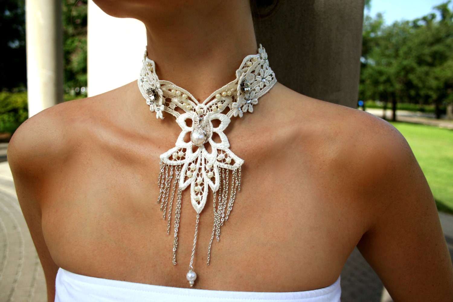 Ivory Lace Bridal Collar- front and back detail