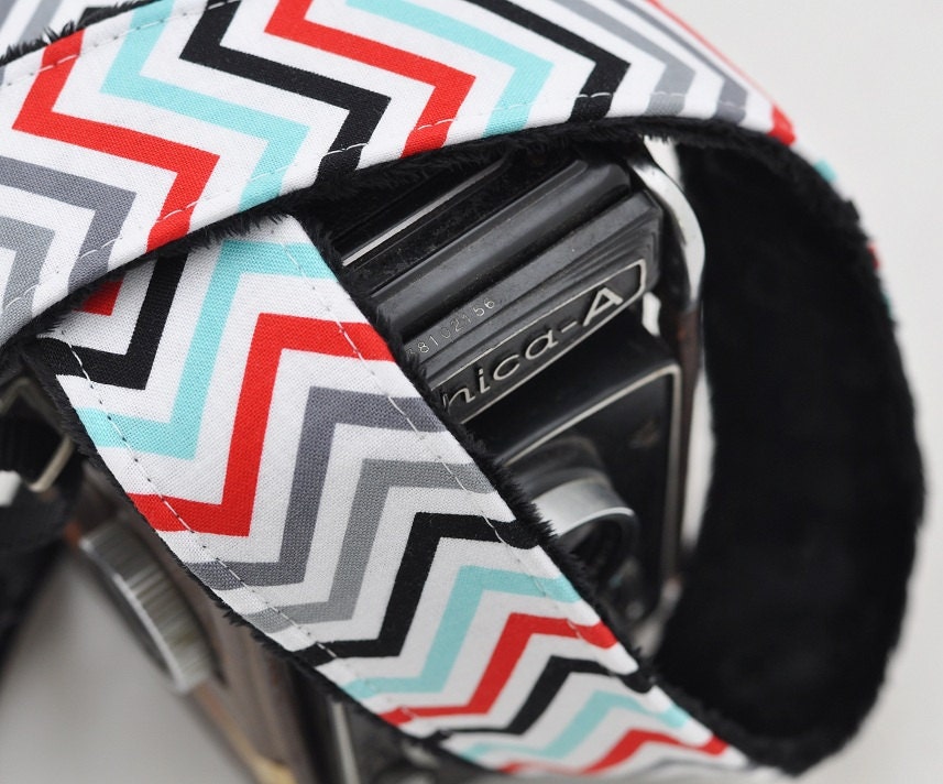 Chevron Padded Camera Strap -  Black, Grey, Red, Aqua Chevron with Black Minky - Winter Fashion, Winter Accessories
