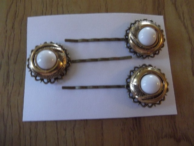 Handmade Filigree Bobby Pins Vintage Look Gold Pearl Craft Buttons 3 A