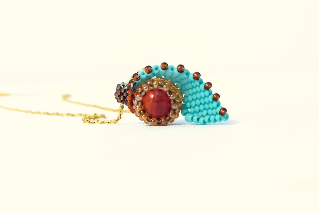 Evil Eye Turquoise red pendant necklace. Unique New Design seed bead jewelry gold field chain