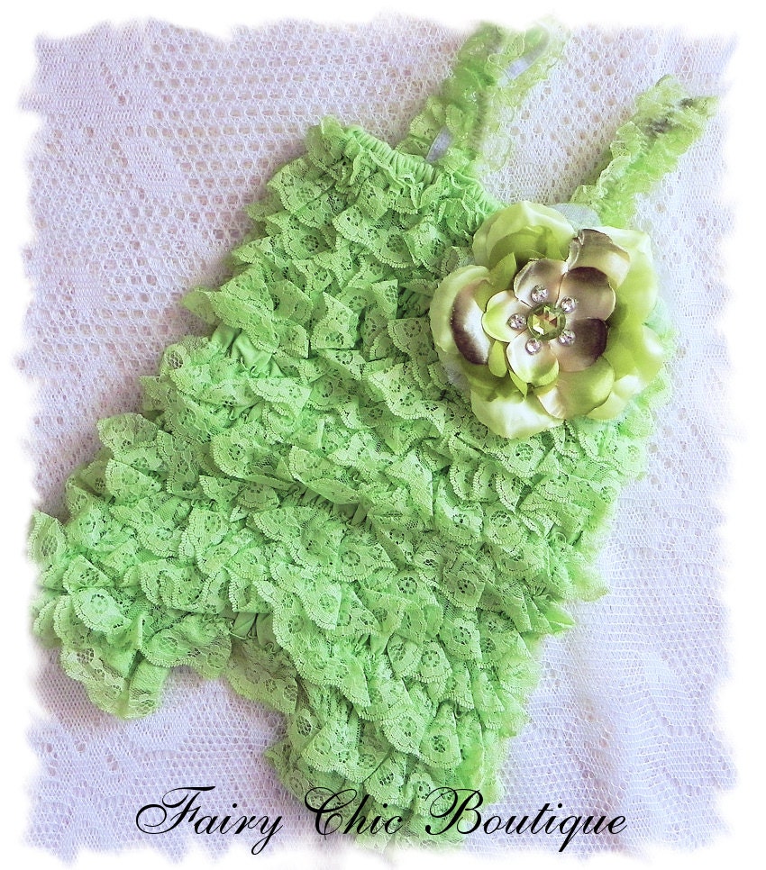 Lime Green Lace Ruffle Romper - Petti Romper -  Photo Prop - Rhinestone Flower Romper