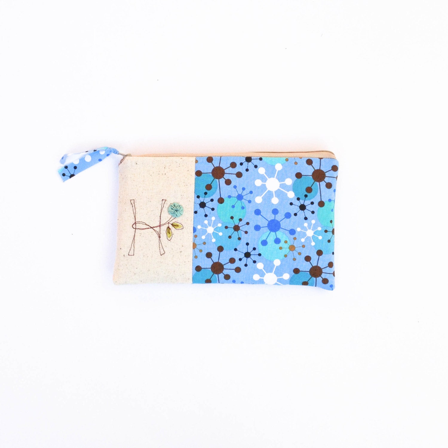modern retro initial clutch, galaxy sky blue, personalized purse, aqua mint, brown, white, letter H, MADE to ORDER