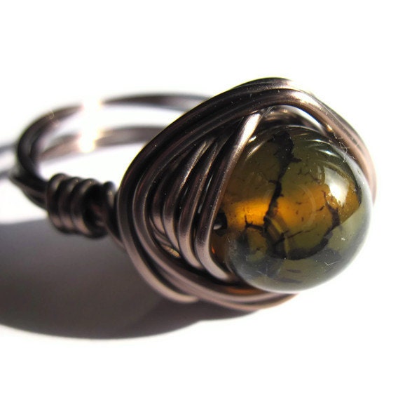 Wire Wrap Ring Olive Agate Stone Unisex Fashion Jewelry