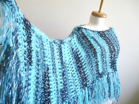 Poncho With Fringes, Blue and Black, Winter Fashion, New Season,Wearable in many ways