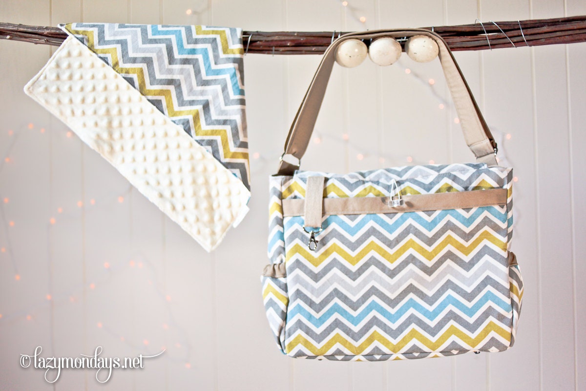 Blue Green and Tan Chevron Diaper Bag Set