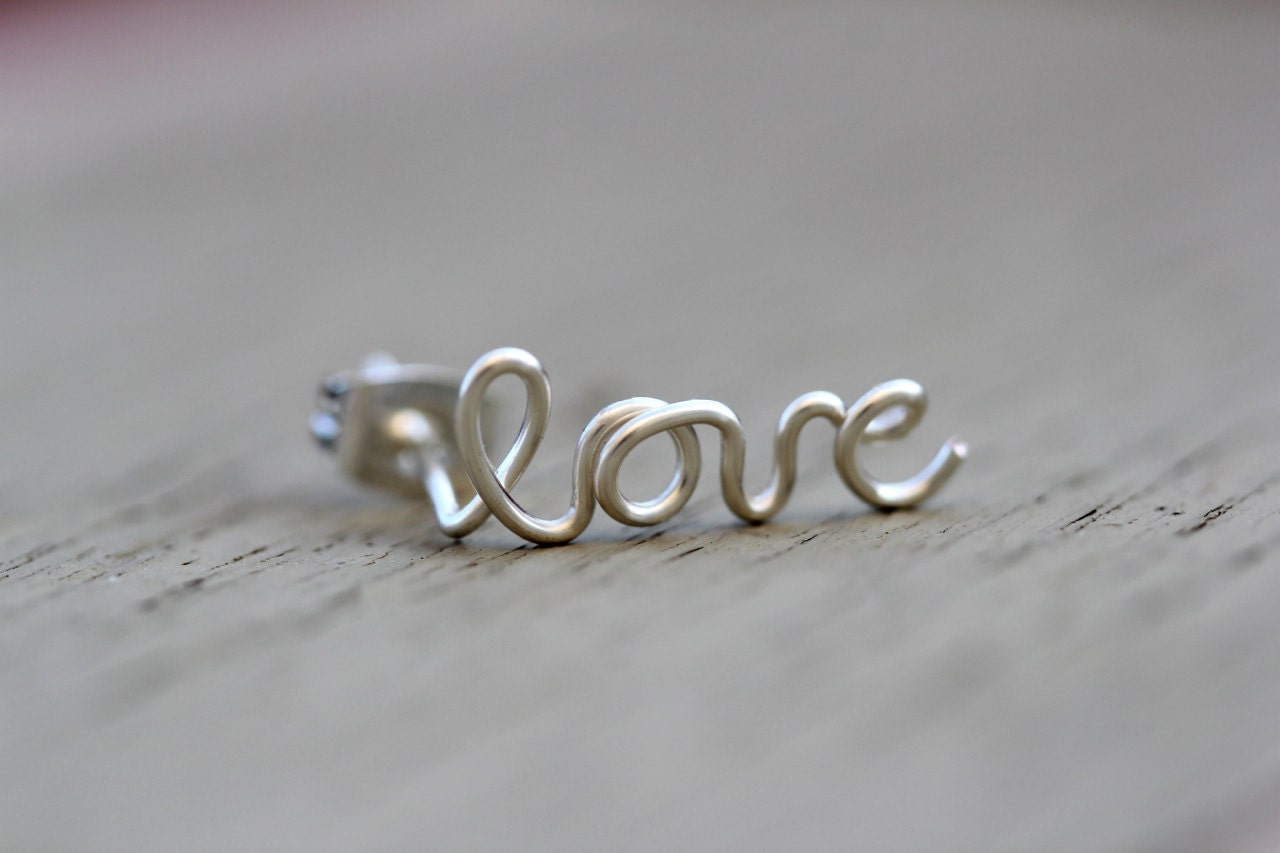 Love Earring, Sterling Silver Plated SINGLE Love Stud Earring, Cartilage, Word, Handwritten, Cursive, Affirmation, Ear Cuff, Artisan Tree