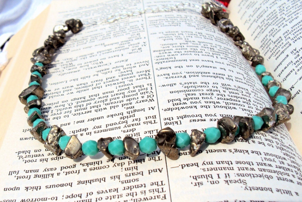 turquoise and pyrite fools gold chunky necklace