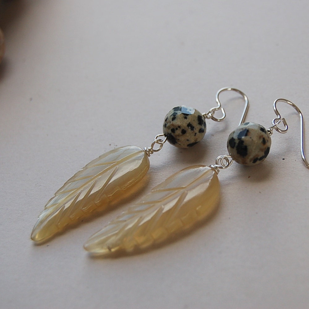 Dalmatian Jasper and Horn Feather Earrings