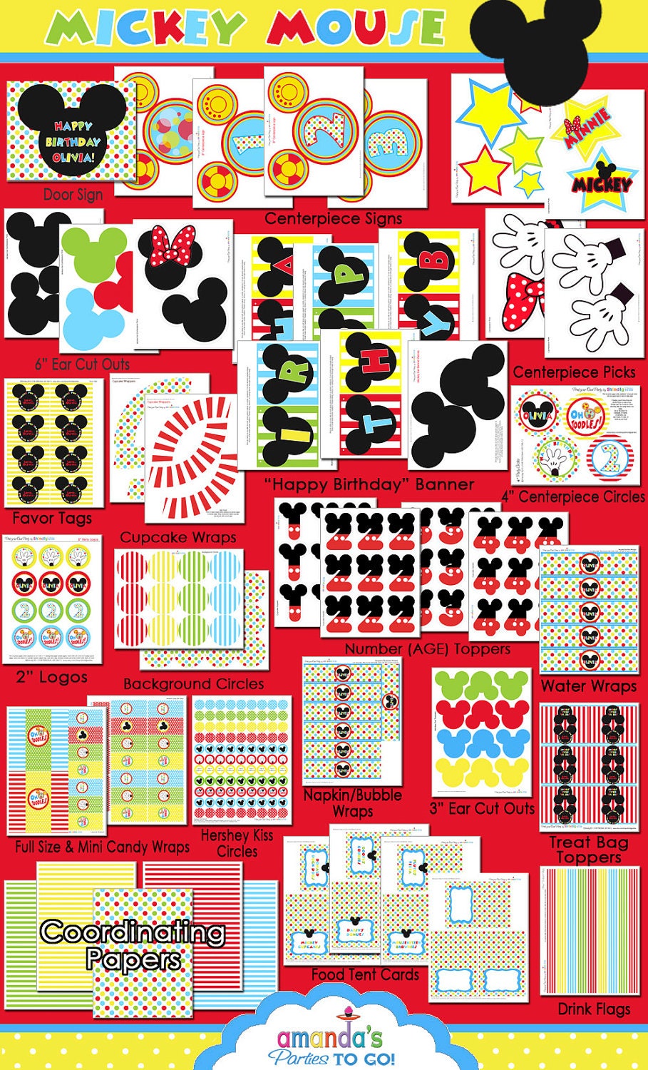 Mickey Mouse Party Printable Birthday - Clubhouse - Inspired by Mickey Mouse - HUGE Party Set by Amanda's Parties TO GO