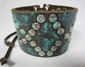 Bohemian Gypsy Leather Cuff Bracelet Turquoise Blue Studded Wide Wristband Wrap Jewelry.