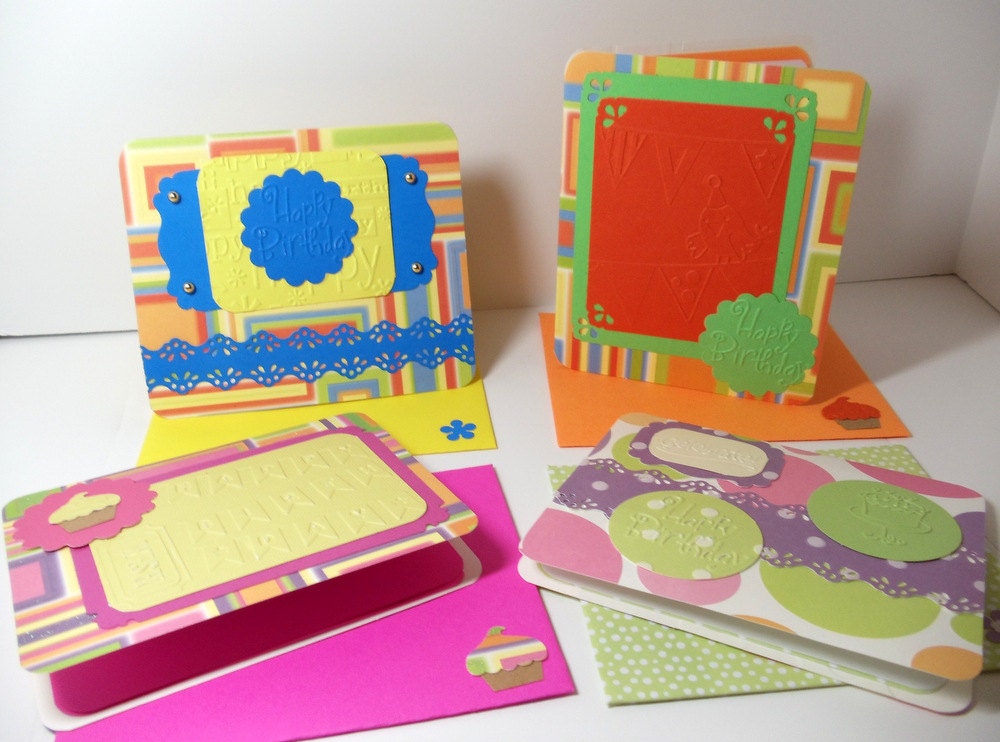 Birthday Cards- Boxed Set- 4 Cards- Embossed- Lined- Handmade