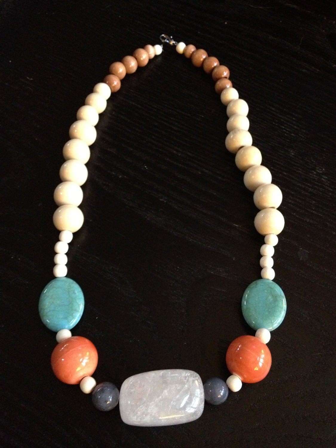 FREE SHIPPING: Wood, Orange, Turquoise and Gray Bead Statement Necklace