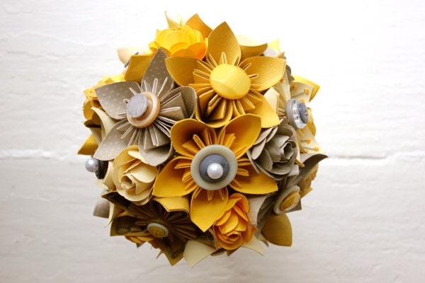 Paper Flower Bouquet - Wedding, Yellow, Grey, Kusudama, Paper Rose