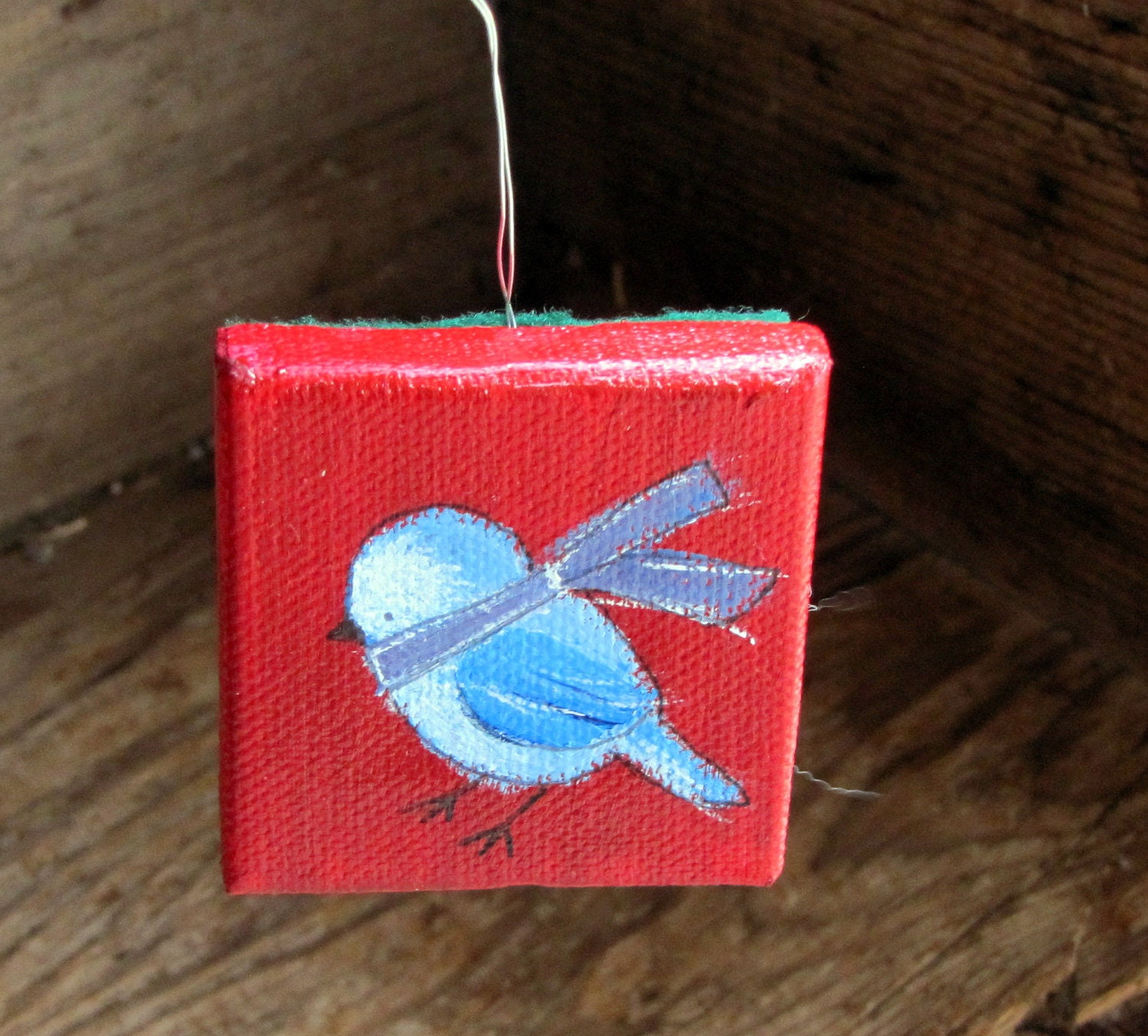 Original Art Mini Canvas Christmas Ornament, Whimsical Painting, Little Blue Bird - andralynn