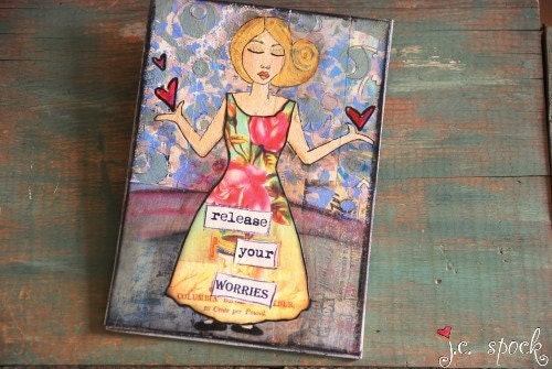 Original Art Painting: 5x7 Worry Girl, Original Mixed Media Art, Whimsical Art, Folk art, release your worries, pink, cornflower blue