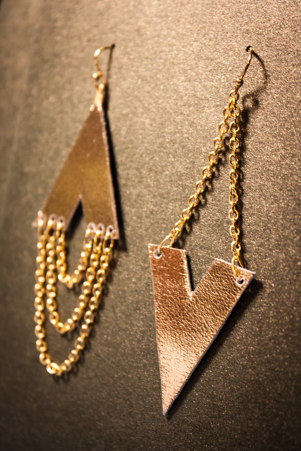 Asymmetric Archer Earrings, Genuine Leather, Metallic Gold, Chains, Gold Plated, Nickel Free, Hypoallergenic, gift for her