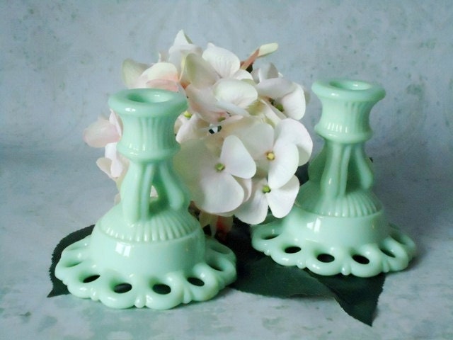 Jadeite Jadite Glass Candle Holder - Doric Glass Candle Stick - Lace Edge Glass Candle Holder